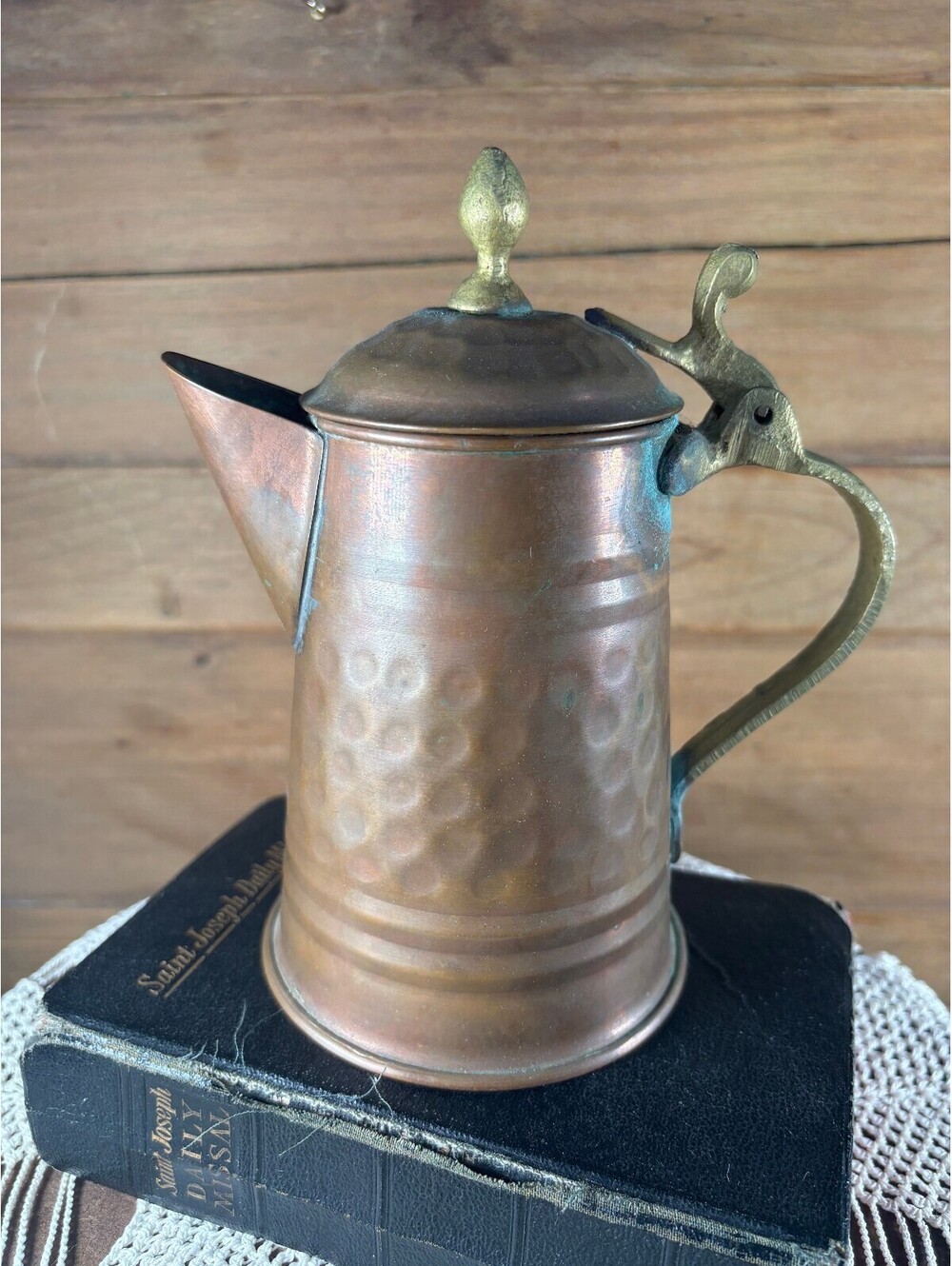 Vintage Copper Goose Neck Pitcher / Hammered with Brass Handle